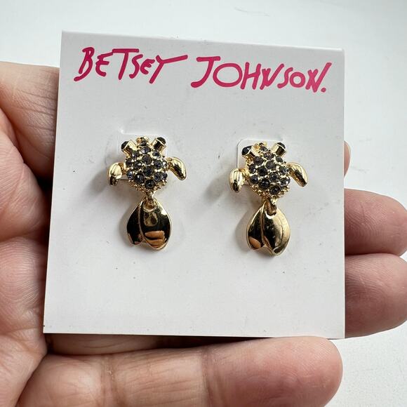 Betsey Johnson Sea Turtle Earrings Gold Tone Gray and Black Rhinestones - Picture 2 of 6